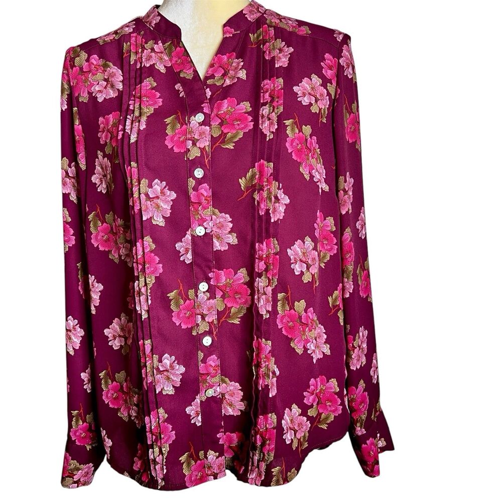 Nanette Nanette Lepore Floral Button Down Top Sz M Maroon And Pink Long Sleeves